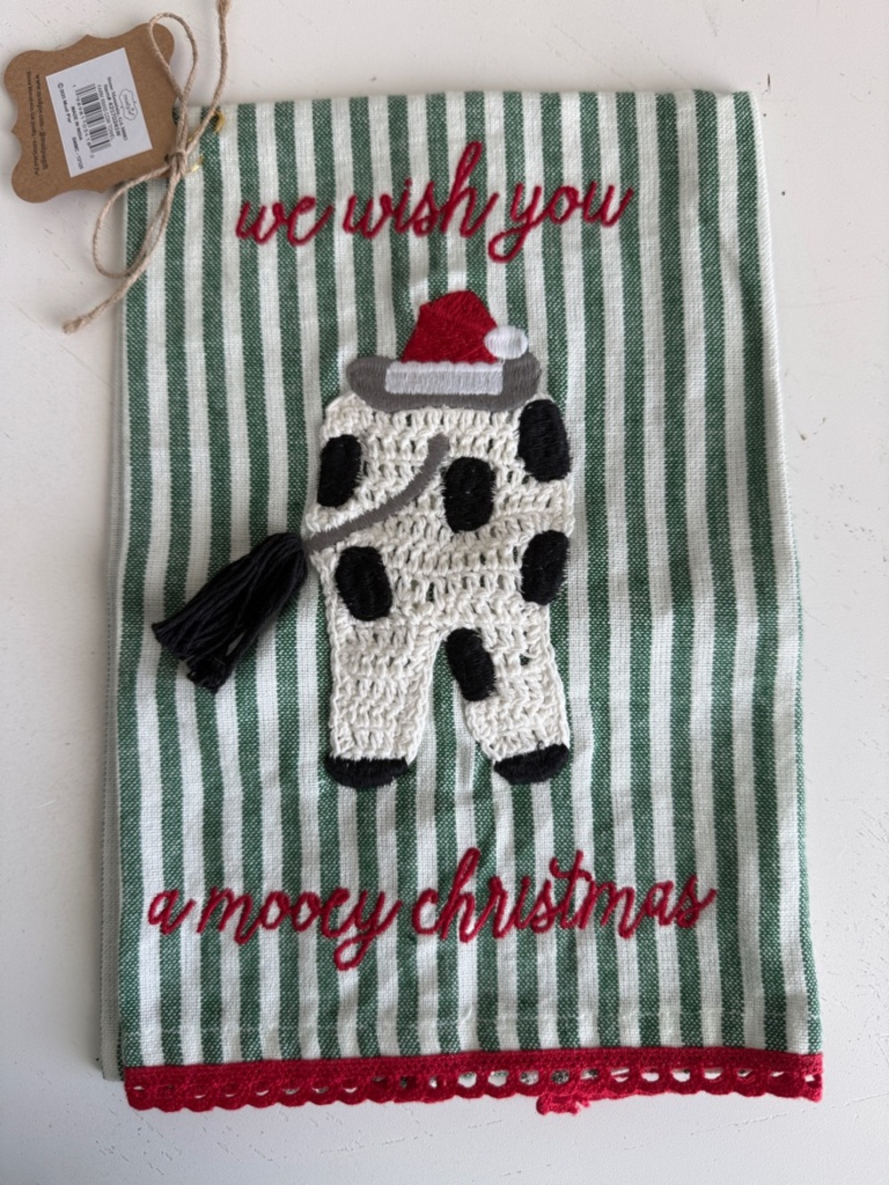 Mud Pie Green & White Striped Holiday Cow Towel with Red Accents - Picture 2 of 6